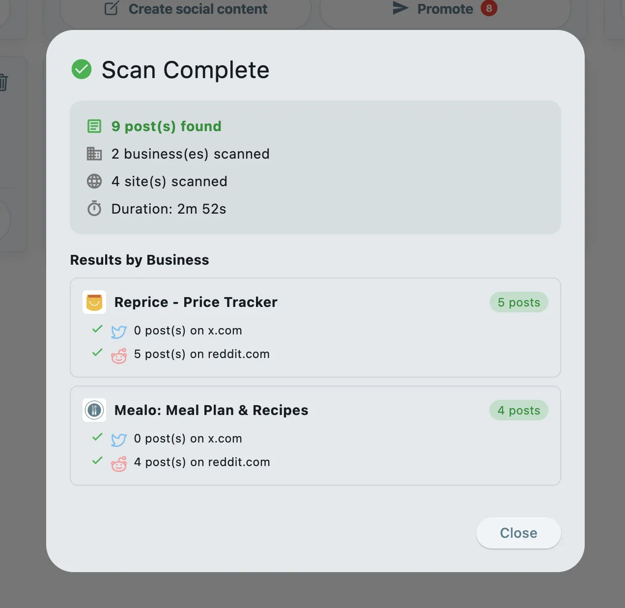Automatic scan results showing scheduled monitoring of social media conversations with keyword matches and AI-generated replies